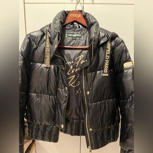 Karl Lagerfeld Shiny Black Hooded Cropped Puffer